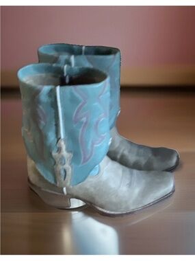 Twisted X Tan Leather Cowboy Booties with Teal Shaft and Pink Stitching